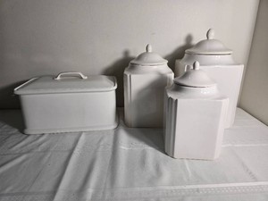 White Ceramic Kitchen Canister Trio with Rectangular Lidded Box
