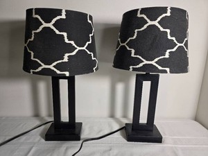 Black Table Lamp Pair with White Trellis Pattern Shades