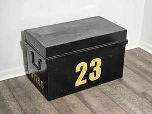 Vintage Black Metal Storage Trunk with Yellow Number 23