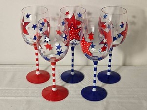 Patriotic Red, White and Blue Star Wine Glasses, Set of Five