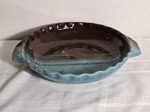 Blue and Brown Glazed Pottery Pie Dish with Side Handles