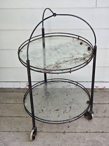 Round Two Tier Glass and Metal Rolling Serving Cart