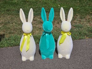 Flocked Easter Bunny Figures in White and Turquoise, Set of Three