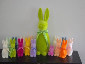 Colorful Flocked Easter Bunny Collection with Ribbon Bows