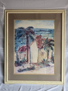 Framed Coastal House and Palm Tree Artwork with Signature
