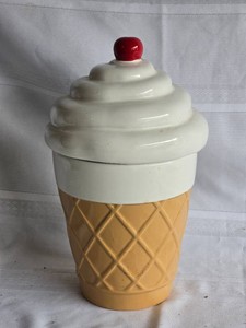 Ceramic Ice Cream Cone Cookie Jar with Cherry Topped Lid