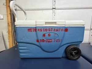 Coleman Heavy-Duty Wheeled Rolling Cooler Ice Chest, Large Capacity WPull Handle, Built-In Cup Holders &amp Drain, Camping, Fishing, Tailgating, Picnics, Sports, Parties &amp Outdoor Events - INTERIOR GOOD CLEAN CONDITION Exterior Cosmetic Wear&nbsp