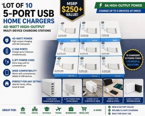 MSRP $250 LOT OF 10 NEW 40-WATT 5-PORT USB HOME CHARGERS, 8A HIGH-OUTPUT MULTI-DEVICE WALL CHARGING STATIONS, 5.3FT POWER CORDS, CHARGE PHONES, TABLETS &amp USB DEVICES, GREAT FOR HOME, OFFICE &amp RESALE