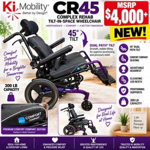 MSRP $4,000 NEW Ki Mobility CR45 Complex Rehab Tilt-In-Space Wheelchair, 45° Dual Path Tilt, Comfort Curve Seating, Headrest, Elevating Leg Rests, Positioning Supports, 300-Lb Capacity, Purple - Light Dust From Storage