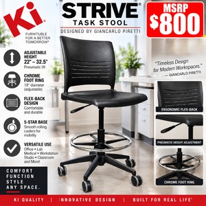 MSRP $800 KI Strive Designed By Giancarlo Piretti Adjustable-Height Drafting Stool  Task Chair, Black Seat &amp Back, Chrome Foot Ring, Pneumatic Height Adjustment, 5-Star Rolling Caster Base, Office, Lab, Medical &amp Workstation Use Great Condition