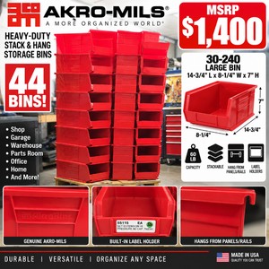 MSRP $1400 44 AKRO-MILS AkroBins Large Stackable Storage Bins 30-240 Heavy Duty Industrial W/Label Holder 15"x8"x7" 60-Lb Capacity, Stack/sit on shelving or hang from panels/rails For Shop, Garage, Warehouse! Excellent &amp; Clean! See Youtube For Info!