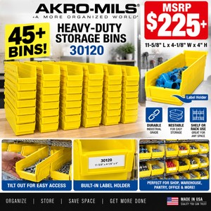 MSRP $225 Lot of 45 Akro-Mils 30120 Heavy-Duty Yellow Industrial Shelf Storage Bins, 11-58x4-18x4, Open-Front Parts &amp Supply Organizers, Label Holders, Nestable, Warehouse, Pantry, Shop &amp Garage&nbspExcellent &amp Clean