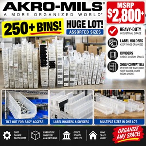 MSRP $2,800 Huge Lot Of 250 Akro-Mils AkroBins Extra-Deep Industrial Storage Bins With Many Label Holders &amp Dividers, Heavy-Duty Parts Organizers For Warehouse, Shop, Garage, Inventory, Hardware &amp Manufacturing - Great Clean Condition
