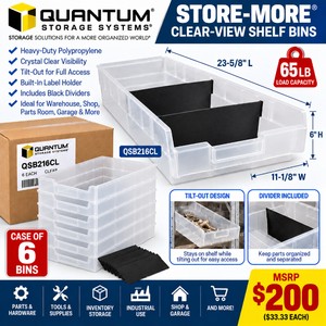MSRP $200 NEW 1 Case (6 Bins) Quantum Storage Systems Clear-View 2 Long Translucent Shelf Bins With Black Dividers 23-58  11-18  6 In.  65-Lb Load Capacity