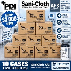 MSRP $3000 New 10 Cases (120 Canisters) PDI Sani-Cloth AF3 Wipes, Large Germicidal Low-Alcohol Disinfectant Wipes, Alcohol &amp Fragrance Free, Safe For Sensitive Medical Equipment, Janitorial, Vet, EMS, Lab &amp Clinic Use, Exp 1222 Tested Excellent