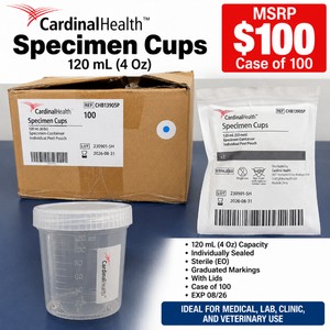 MSRP $100 NEW Case of 100 Cardinal Health CHB13905P Sterile Specimen Cups, 120 mL  4 Oz Individually Sealed Containers With Lids, Graduated Collection Cups for Medical, Lab, Clinic &amp Veterinary Use, EXP 0826