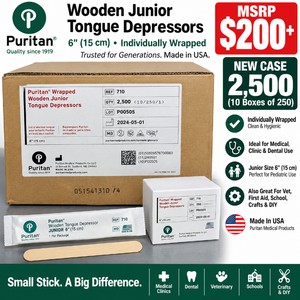 MSRP $200 NEW CASE 2,500 Puritan 710 Individually Wrapped Wooden Junior Tongue Depressors, 10 Boxes of 250, 6 Child Pediatric Medical Exam, Clinic, Dental, Vet, First Aid, School, Crafts &amp DIY, Made In USA