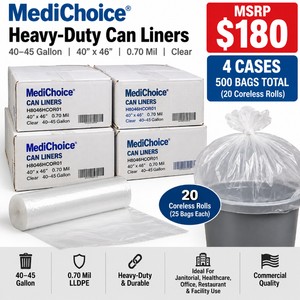 MSRP $180 NEW 4 Cases  500 MediChoice H8046HCOR01 Heavy-Duty Clear 40-45 Gallon Can Liners, 40x46, 0.70 Mil LLDPE Commercial Trash Bags, 20 Coreless Rolls, Janitorial, Healthcare, Office, Restaurant &amp Facility Use