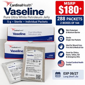 MSRP $180 NEW 288 Cardinal Health Vaseline Pure Ultra White Petroleum Jelly 5g Sterile Individual Packets, 2 Boxes of 144, Single-Use Skin Protectant, Moisture Barrier, Wound Care, Medical, First Aid, Tattoo, Vet &amp Emergency Kits -&nbspEXP 0927