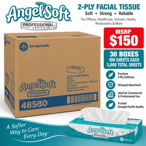 MSRP $150 NEW CASE 30 Boxes Angel Soft Professional Series 48580 Premium 2-Ply White Facial Tissues, 3,000 Total, 100 Sheets Per Box, Commercial Bulk Tissue for Office, Healthcare, Schools, Hotels, Restaurants &amp Facilities