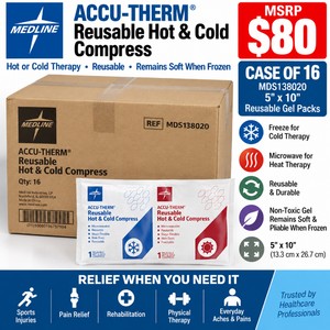 MSRP $80 NEW CASE OF 16 Medline Accu-Therm MDS138020 Reusable Hot &amp Cold Gel Compress Packs, 5x10, Microwave or Freeze, Remain Soft &amp Pliable When Frozen, Non-Toxic Gel, Pain Relief, Injury, Sports, Rehab &amp Physical Therapy