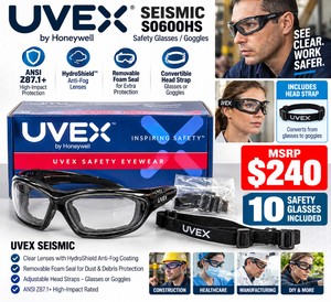 MSRP $240 NEW 10 Uvex by Honeywell Seismic S0600HS Safety Glasses / Goggles, Clear HydroShield Anti-Fog Lenses, Removable Foam Seal &amp; Adjustable Head Straps, ANSI Z87.1+ High-Impact Eye Protection