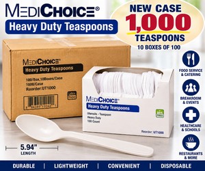NEW CASE 1,000 MediChoice UT1000 Heavy-Duty Disposable Teaspoons, 10 Boxes of 100, 5.94 Beige Polystyrene Spoons, Commercial Food Service, Restaurant, Catering, Breakroom, Healthcare, School &amp Events - Box Corner Has Damage