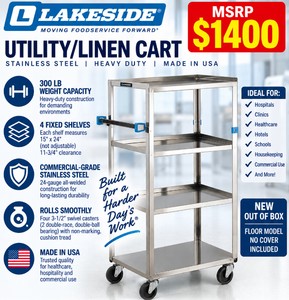 MSRP $1,400 NEW OUT OF BOX Lakeside 332 Stainless Steel 4-Shelf Utility/Linen Cart, 300-Lb Capacity, 15" x 24" Shelves, Heavy-Duty Swivel Casters, Hospital, Healthcare, Hotel &amp; Commercial Use – FLOOR MODEL, NO COVER