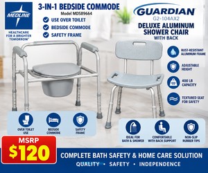 MSRP $120 NEW Medline MDS89664 3-In-1 Bedside Commode &amp Guardian G2-104AX2 Deluxe Aluminum Shower Chair With Back, Adjustable Height, 300400-Lb Capacity, Bath Safety &amp Home Care