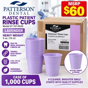 MSRP $60 NEW CASE OF 1,000 Patterson Dental 07-107-0630 Heavy Weight 5 Oz Lavender Plastic Patient Rinse Cups, Disposable Dental Cups, Dentist, Orthodontic &amp Medical Office Supply