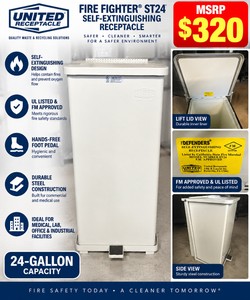 MSRP $320 United Receptacle Fire Fighter ST24 24-Gallon Self-Extinguishing Steel Waste Receptacle, UL Listed, FM Approved, Hands-Free Foot Pedal, Commercial Medical Trash Can - Excellent Condition