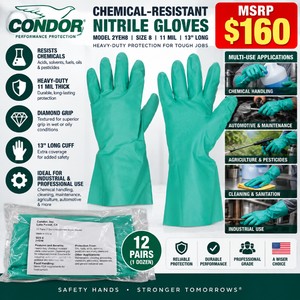 MSRP $160 NEW 12 Pairs CONDOR 2YEH8 Chemical-Resistant Nitrile Gloves Size 8, Heavy-Duty 11 Mil, 13 Long, Diamond Grip, Oil, Fuel, Acid, Solvent &amp Pesticide Protection, Industrial Safety Gloves