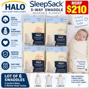 MSRP $210 NEW Lot of 6 HALO SleepSack 3-Way Swaddles, 4 Sanford Baby &amp 2 Mother Baby Center Embroidered, 100% Cotton 1.5 TOG, Adjustable Infant Wearable Blankets, Hospital Safe-Sleep Design