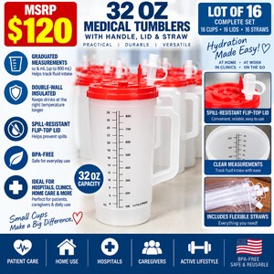 MSRP $120 NEW Lot of 16 32 Oz Medical Tumblers With Measurements, Double-Wall Insulated Cups, Spill-Resistant Flip-Top Lids &amp Flexible Straws, Graduated OzmL Fluid Intake Tracking, BPA-Free