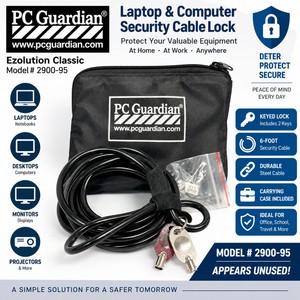 MSRP $40 PC Guardian Ezolution Classic 2900-95 6-Ft Keyed Anti-Theft Laptop &amp Computer Security Cable Lock With 2 Keys &amp Carrying Case, Notebook, Desktop, Monitor &amp Projector Security, APPEARS UNUSED