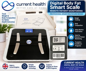 NEW OPEN BOX Current Health Digital Body Fat Smart Scale, Remote Patient Monitoring RPM Home Health Weight Scale, Black Glass Platform, With Original Box - Needs Batteries