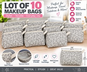 Lot Of 10 NEW Grey Floral Makeup Bags