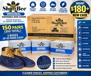 MSRP $180 NEW CASE OF 150 PAIRS (300 TOTAL) SHUBEE ORIGINAL DARK BLUE DISPOSABLE SHOE COVERS, 3 BOXES OF 50 PAIRS EACH, PROFESSIONAL FLOOR PROTECTION FOR HVAC, PLUMBING, ELECTRICAL, PAINTING, CLEANING, RESTORATION, HOME INSPECTORS &amp MEDICAL USE