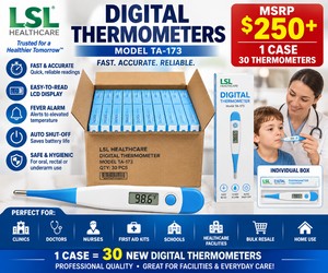MSRP $250 1 CASE 30 NEW&nbspIN BOXES LSL HEALTHCARE DIGITAL THERMOMETERS, MODEL TA-173, FAST-READ CLINICAL THERMOMETERS WITH LCD DISPLAY, PERFECT FOR CLINICS, DOCTORS, NURSES, FIRST AID KITS, SCHOOLS, HEALTHCARE FACILITIES &amp BULK RESALE
