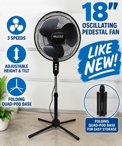 Comfort Zone 18 Oscillating Pedestal Stand Fan With Folding Quad-Pod Base, 3-Speed, Adjustable Height &amp Tilt, Wide-Area Air Circulation  WORKS GREAT