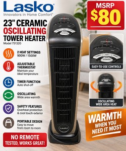 MSRP $80 Lasko 751320 23 1500W Ceramic Oscillating Tower Space Heater, 900W1500W Heat, Adjustable Thermostat, Timer, Portable Room Heater, NO REMOTE  TESTED, WORKS GREAT