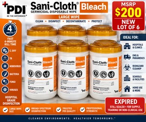 MSRP $200 NEW 6 PDI SANI-CLOTH� BLEACH LARGE GERMICIDAL DISPOSABLE WIPES, HOSPITAL-GRADE BLEACH DISINFECTANT, FAST 4-MINUTE KILL TIME, EFFECTIVE AGAINST C. DIFF, TB, NOROVIRUS, VIRUSES, BACTERIA &amp FUNGI, FOR EMS &amp BIOHAZARD CLEANUP EXPIRED