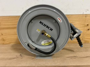 Klutch Auto-Rewind Air Hose Reel, 12in. x 50ft. Rubber Hose, 300 PSI, WallCeilingFloor Mount #73429