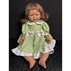 Porcelain Doll in Green Gingham Dress with White Trim