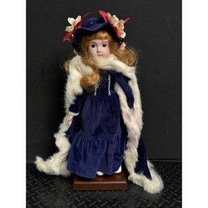 Porcelain Doll in Blue Velvet Dress with Fur Trim and Stand