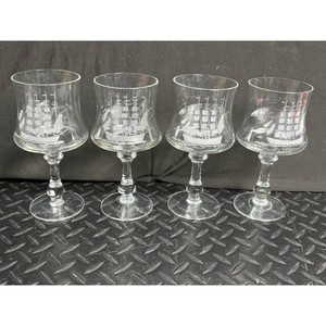 Clear Etched Glass Stemware Set � Ship Scene, 4 Pieces