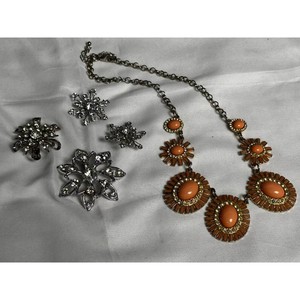 Vintage Gold Tone Orange Rhinestone Necklace & Brooch Set, 5 Pieces