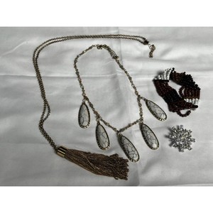 Mixed Metal Beaded Necklace Set with Tassel, Brooch, 4 Pieces