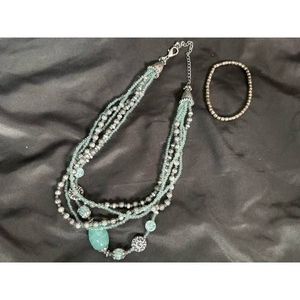 Teal Glass Beaded Necklace and Stretch Bracelet Set