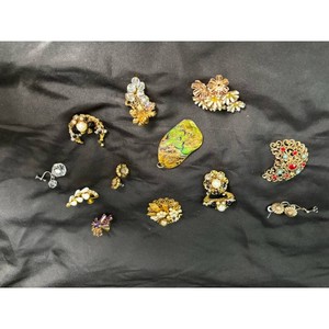 Vintage Gold Tone Costume Jewelry Brooches and Earrings 10 Pieces